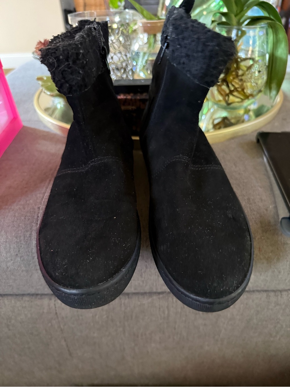 LOGO by Lori Goldstein Black Faux Suede Ankle Booties with Faux Fur Collar
